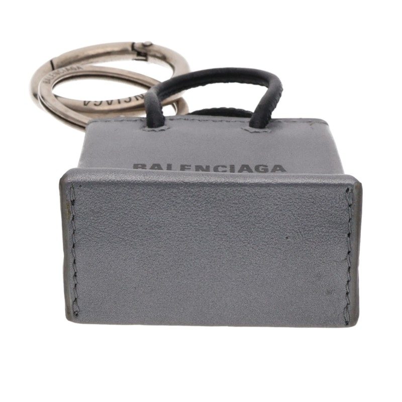 BALENCIAGA Logo Leather Charm Keyring Gray Size ONE SIZE