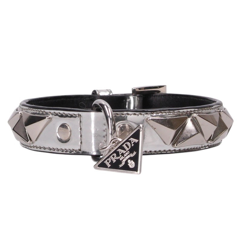 PRADA Triangle Logo Plate Studded Collar Silver/Blk Belt Size M
