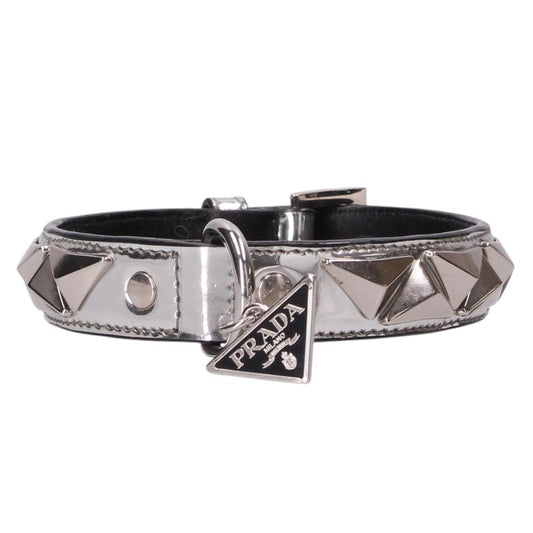 PRADA Triangle Logo Plate Studded Collar Silver/Blk Belt Size M