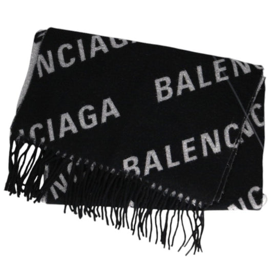 BALENCIAGA Black/Gray Logo Wool Scarf