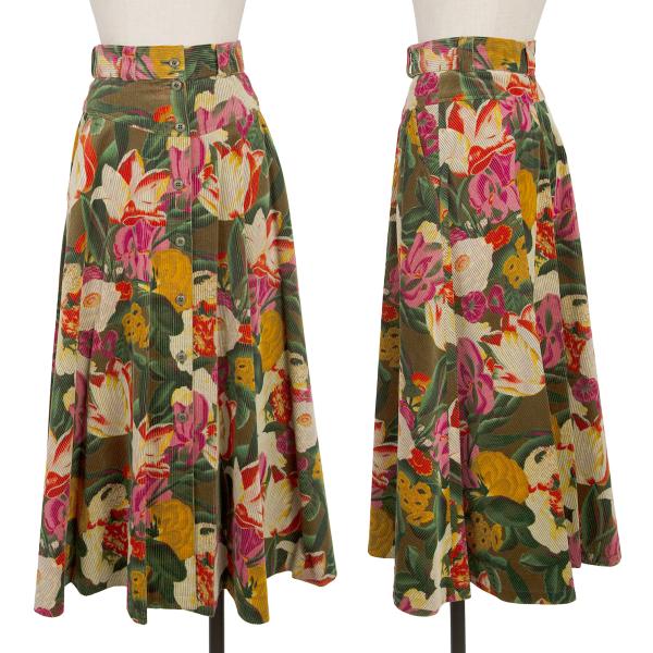 KENZO Floral Corduroy Front Button Wrap Green Multi Skirt Size S