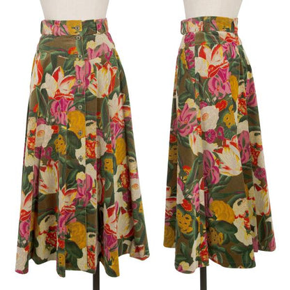 KENZO Floral Corduroy Front Button Wrap Green Multi Skirt Size S