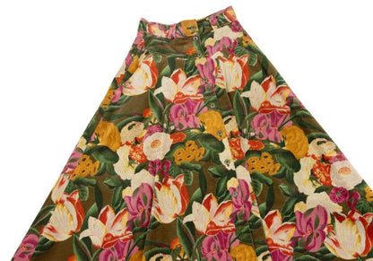 KENZO Floral Corduroy Front Button Wrap Green Multi Skirt Size S