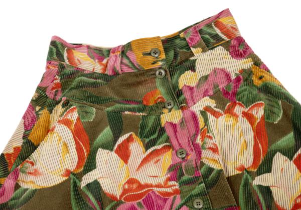 KENZO Floral Corduroy Front Button Wrap Green Multi Skirt Size S