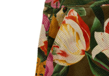 KENZO Floral Corduroy Front Button Wrap Green Multi Skirt Size S