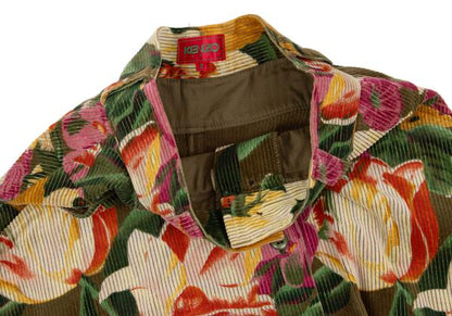 KENZO Floral Corduroy Front Button Wrap Green Multi Skirt Size S
