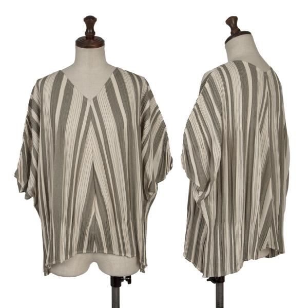 PLEATS PLEASE Crinkle Pleat Striped Blouse Beige Size 3