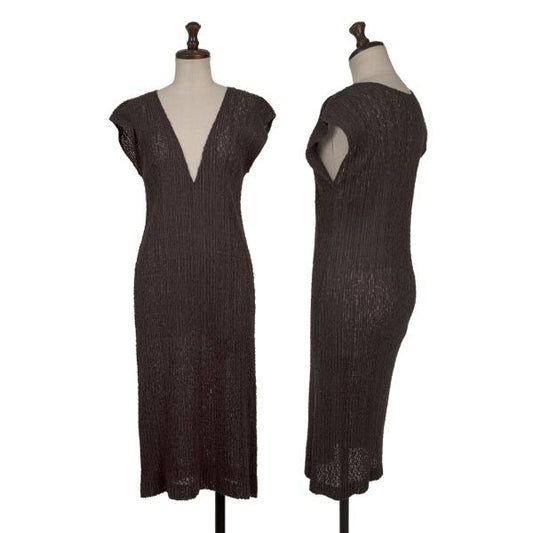 PLEATS PLEASE Lace Pleated V-Neck Dress Brown Size 5