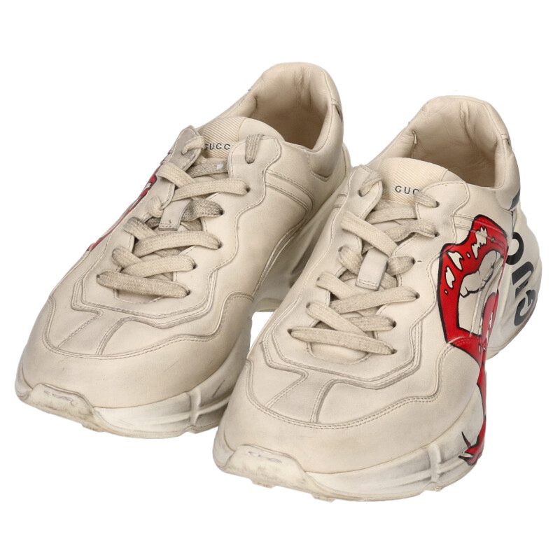 GUCCI Rhyton Lip Print Sneakers Beige Size 8