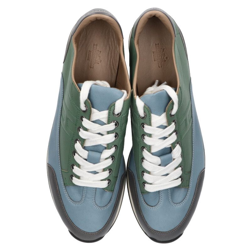 HERMES Trail Leather Low-Cut Sneakers Blue Green Size 6.5
