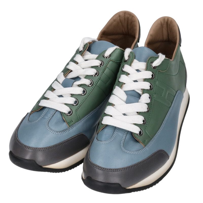 HERMES Trail Leather Low-Cut Sneakers Blue Green Size 6.5
