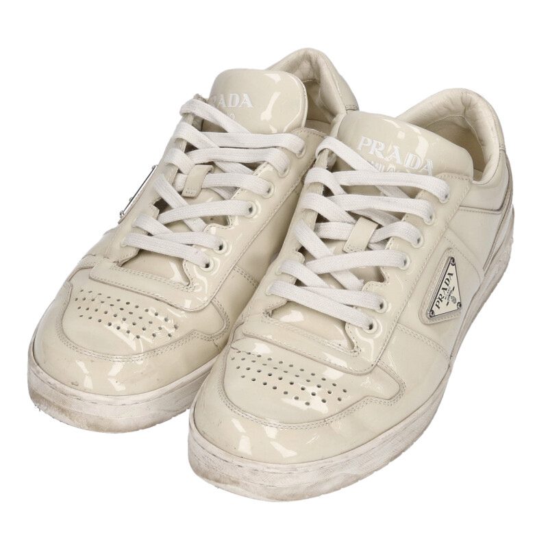 PRADA Downtown Triangle Logo Enamel Low-Cut Beige Size 7.5