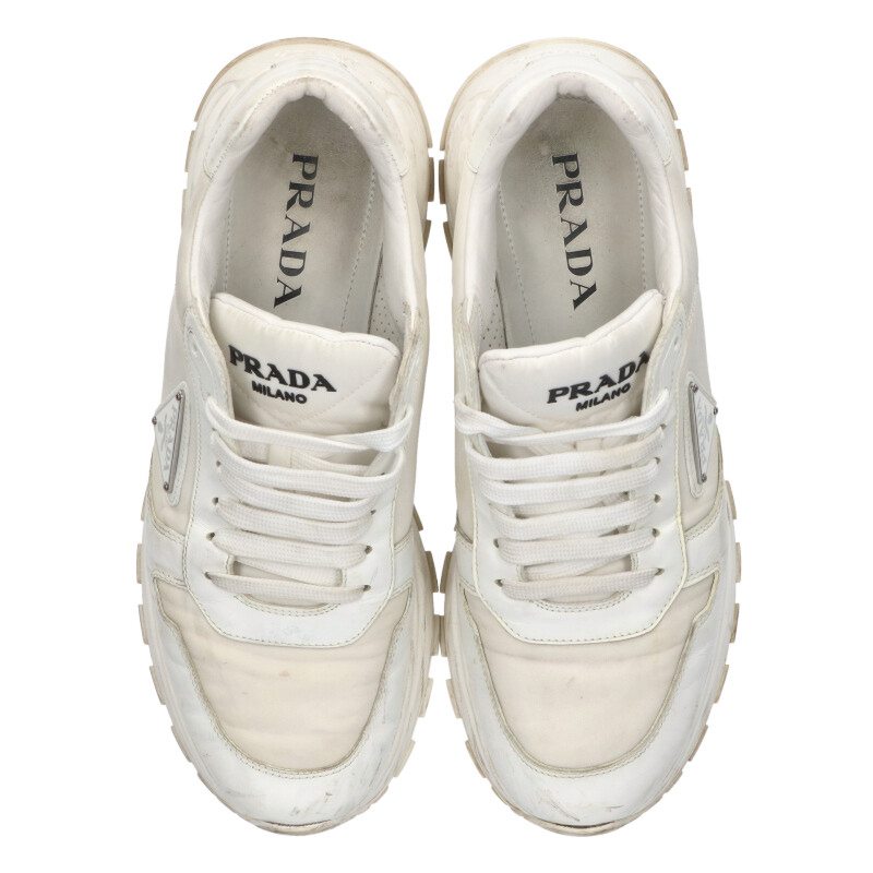 PRADA Re-Nylon Brushed Leather Sneakers White Size 8.5