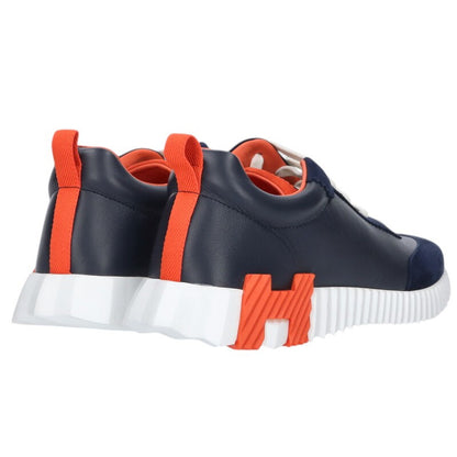 HERMES Bouncing Leather Low Sneakers Navy/Orange Size 9
