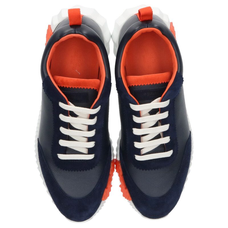 HERMES Bouncing Leather Low Sneakers Navy/Orange Size 9