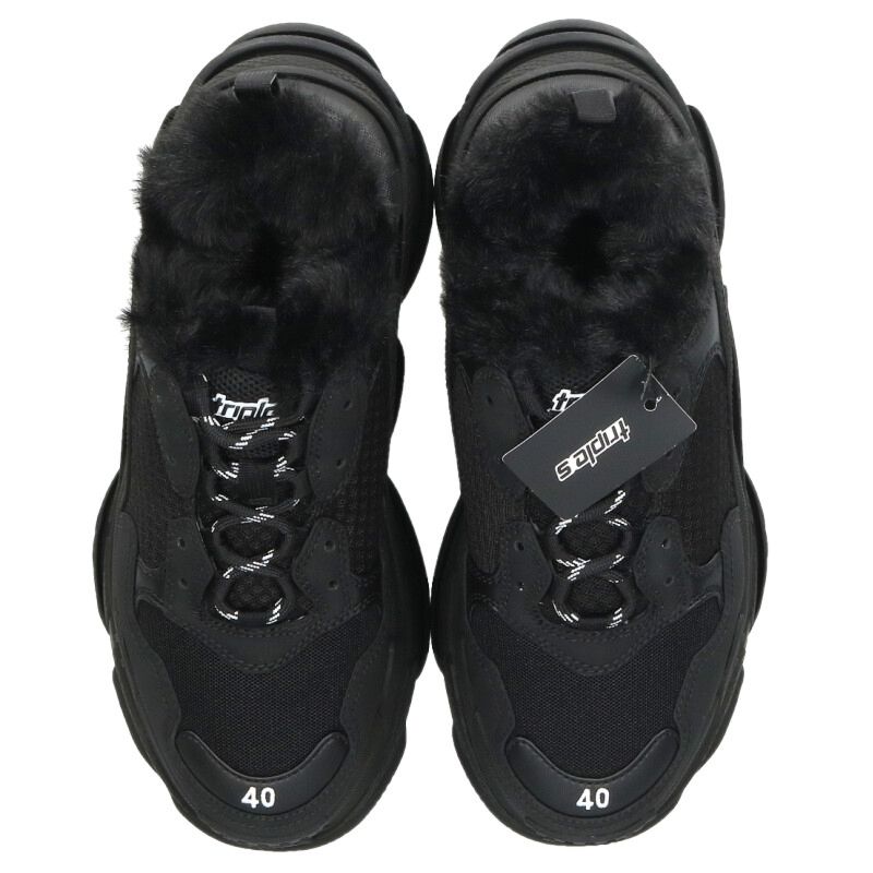BALENCIAGA Triple S Fur Lace-Up Sneakers Black Size 6.5