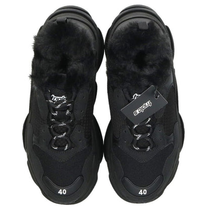 BALENCIAGA Triple S Fur Lace-Up Sneakers Black Size 6.5