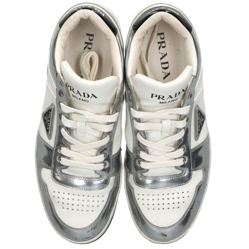 PRADA Triangle Logo Low-Top Sneakers White/Silver Size 8