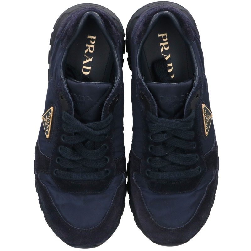 PRADA Nylon Panel Triangle Logo Sneakers Navy Size 7.5