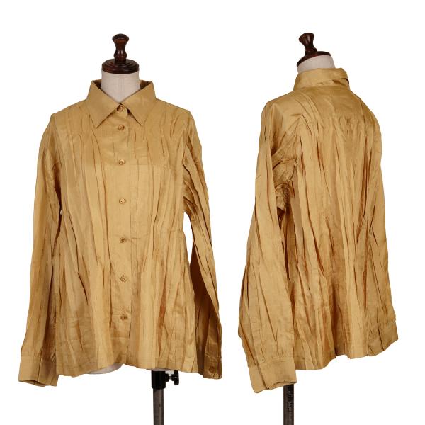 PLEATS PLEASE Micro Check Pleated Button Up Beige Shirt Size 3