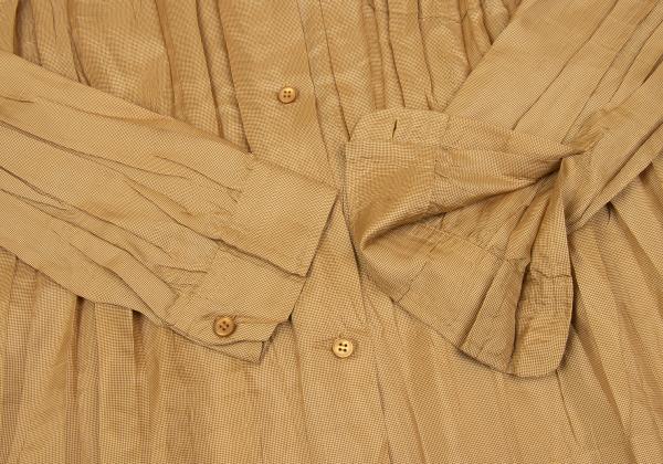 PLEATS PLEASE Micro Check Pleated Button Up Beige Shirt Size 3