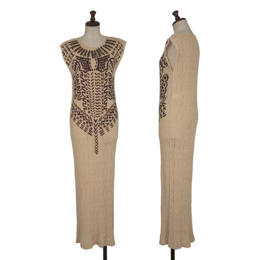 ISSEY MIYAKE Native Print Lace Pleated Dress Beige Size M