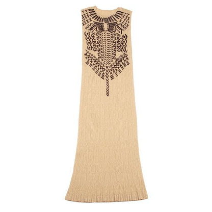 ISSEY MIYAKE Native Print Lace Pleated Dress Beige Size M