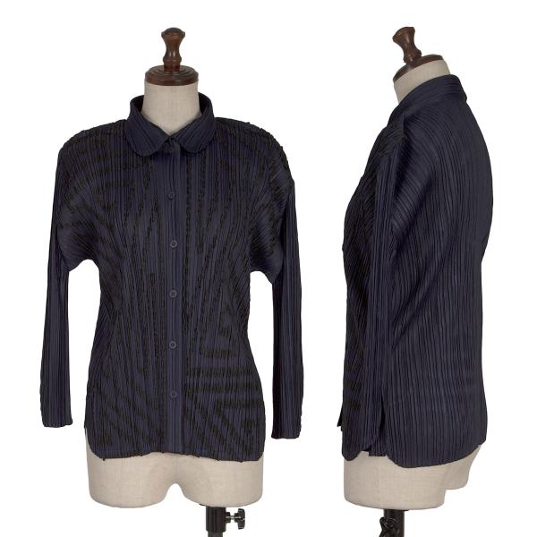 PLEATS PLEASE Graphic Tape Design Pleated Shirt Navy Size 4