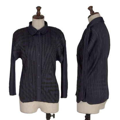 PLEATS PLEASE Graphic Tape Design Pleated Shirt Navy Size 4