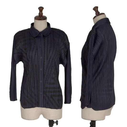 PLEATS PLEASE Graphic Tape Design Pleated Shirt Navy Size 4