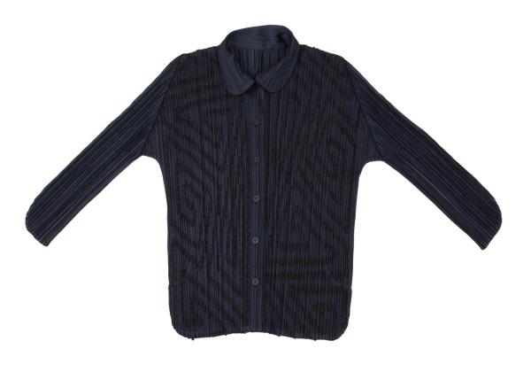 PLEATS PLEASE Graphic Tape Design Pleated Shirt Navy Size 4