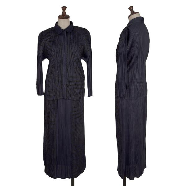 PLEATS PLEASE Graphic Tape Design Pleated Shirt Navy Size 4