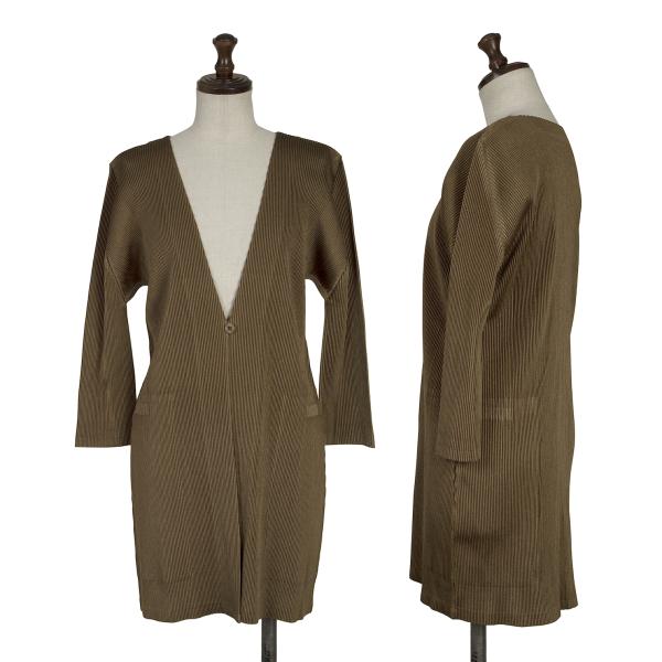 PLEATS PLEASE Pleated 3/4 Sleeve Long Cardigan Brown Size 3