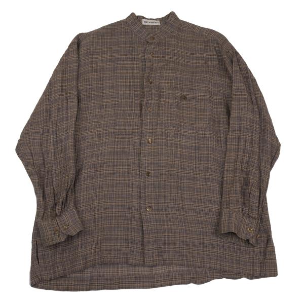 ISSEY MIYAKE MEN Linen Check Band Collar Beige Blue Shirt Size M