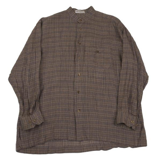 ISSEY MIYAKE MEN Linen Check Band Collar Beige Blue Shirt Size M