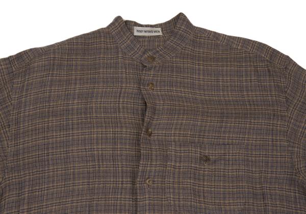 ISSEY MIYAKE MEN Linen Check Band Collar Beige Blue Shirt Size M