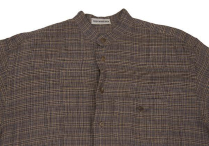ISSEY MIYAKE MEN Linen Check Band Collar Beige Blue Shirt Size M