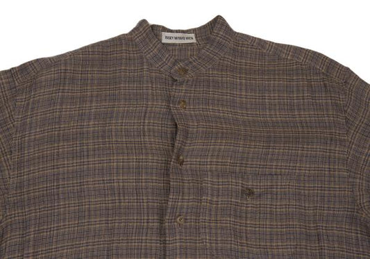 ISSEY MIYAKE MEN Linen Check Band Collar Beige Blue Shirt Size M