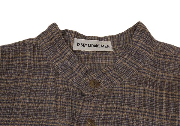 ISSEY MIYAKE MEN Linen Check Band Collar Beige Blue Shirt Size M