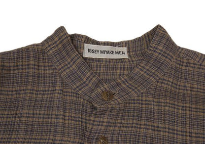 ISSEY MIYAKE MEN Linen Check Band Collar Beige Blue Shirt Size M