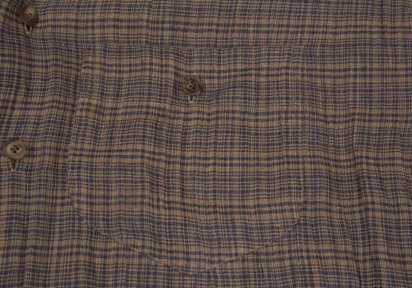 ISSEY MIYAKE MEN Linen Check Band Collar Beige Blue Shirt Size M