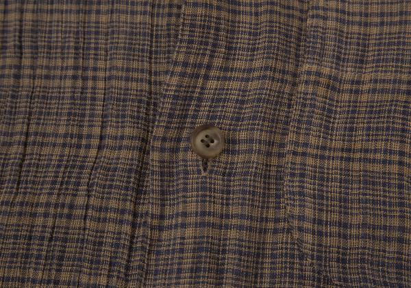 ISSEY MIYAKE MEN Linen Check Band Collar Beige Blue Shirt Size M