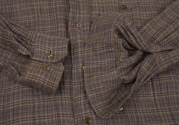 ISSEY MIYAKE MEN Linen Check Band Collar Beige Blue Shirt Size M