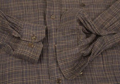 ISSEY MIYAKE MEN Linen Check Band Collar Beige Blue Shirt Size M