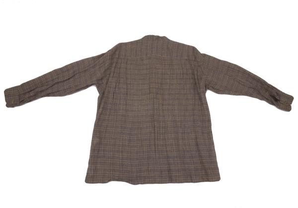 ISSEY MIYAKE MEN Linen Check Band Collar Beige Blue Shirt Size M