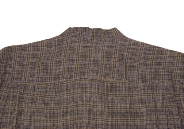 ISSEY MIYAKE MEN Linen Check Band Collar Beige Blue Shirt Size M