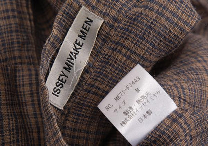 ISSEY MIYAKE MEN Linen Check Band Collar Beige Blue Shirt Size M