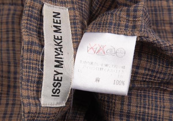 ISSEY MIYAKE MEN Linen Check Band Collar Beige Blue Shirt Size M