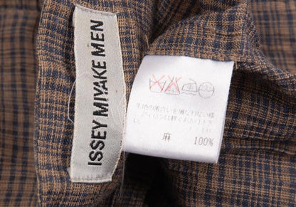 ISSEY MIYAKE MEN Linen Check Band Collar Beige Blue Shirt Size M