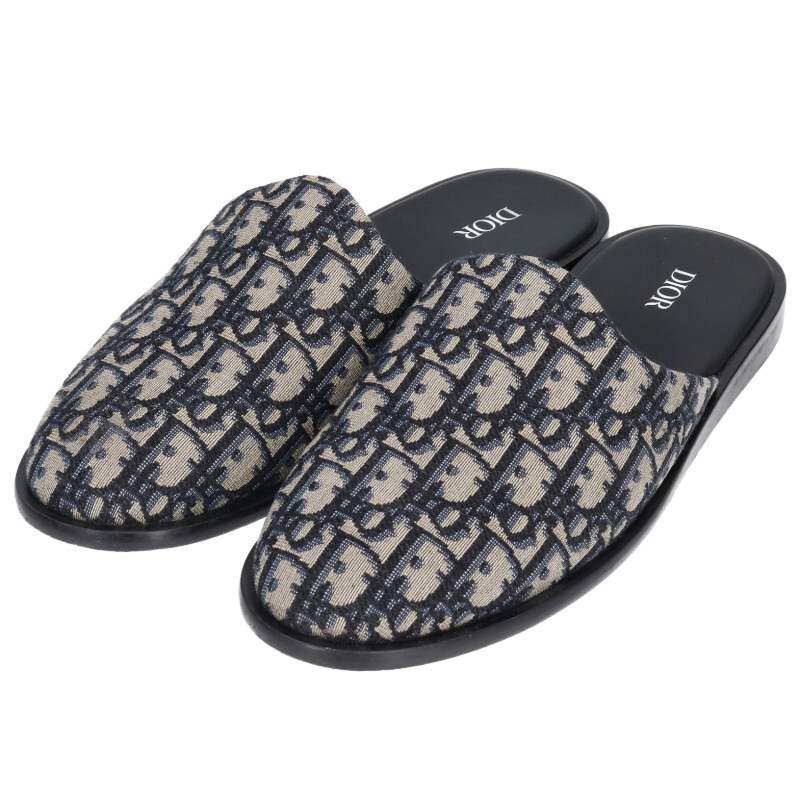 DIOR Oblique Jacquard Flat Sandals Beige Navy Size 7.5